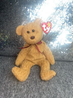 Curly The Bear:Ty Plush Brown Bear with Red Ribbon